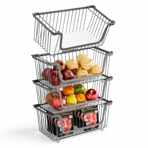 1-Gray 4 Pack Stackable Wire Storage Baskets Pantry Organizer Bins