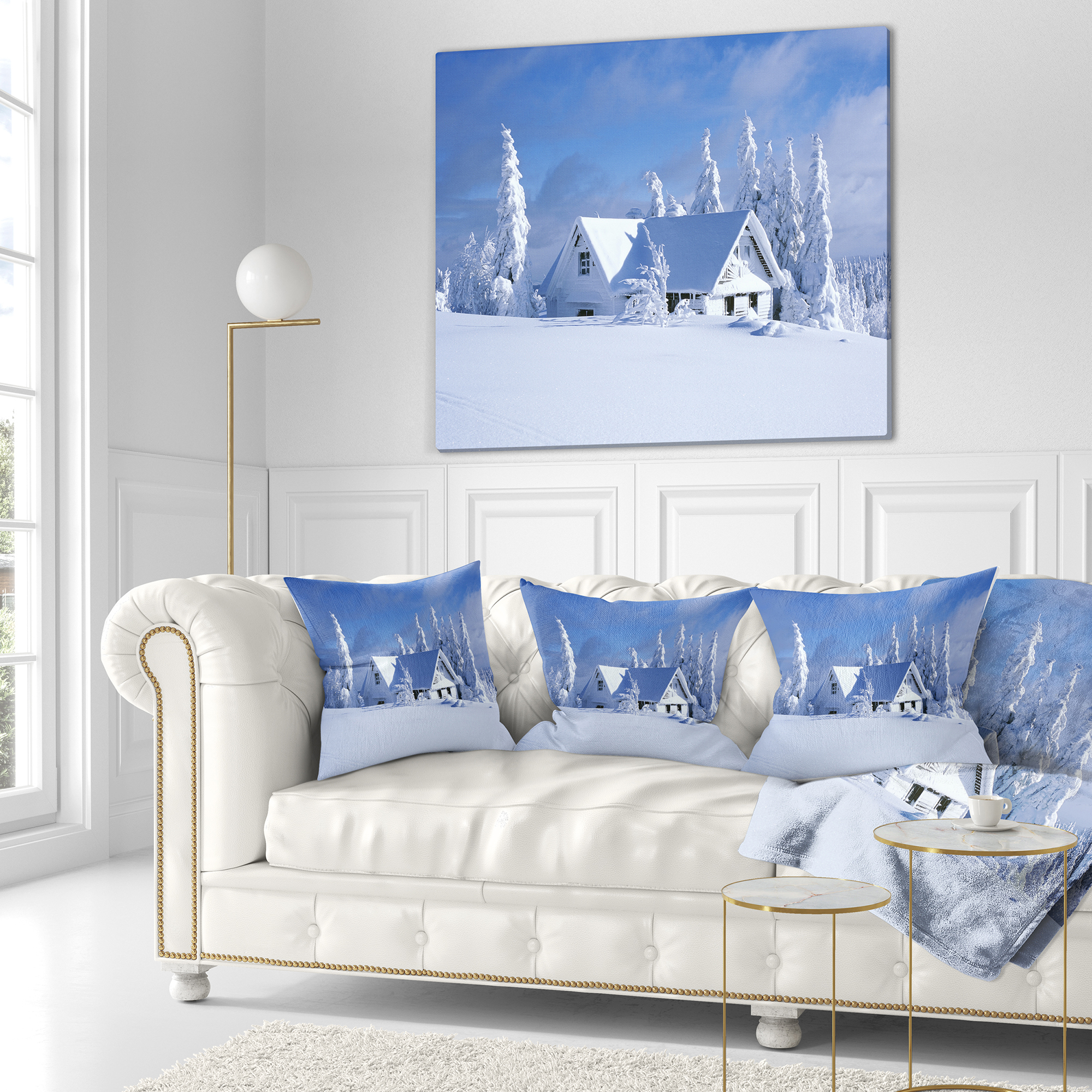 Designart Orlicke Hory Cottage in Winter - Landscape Photography Throw Pillow - 18x18