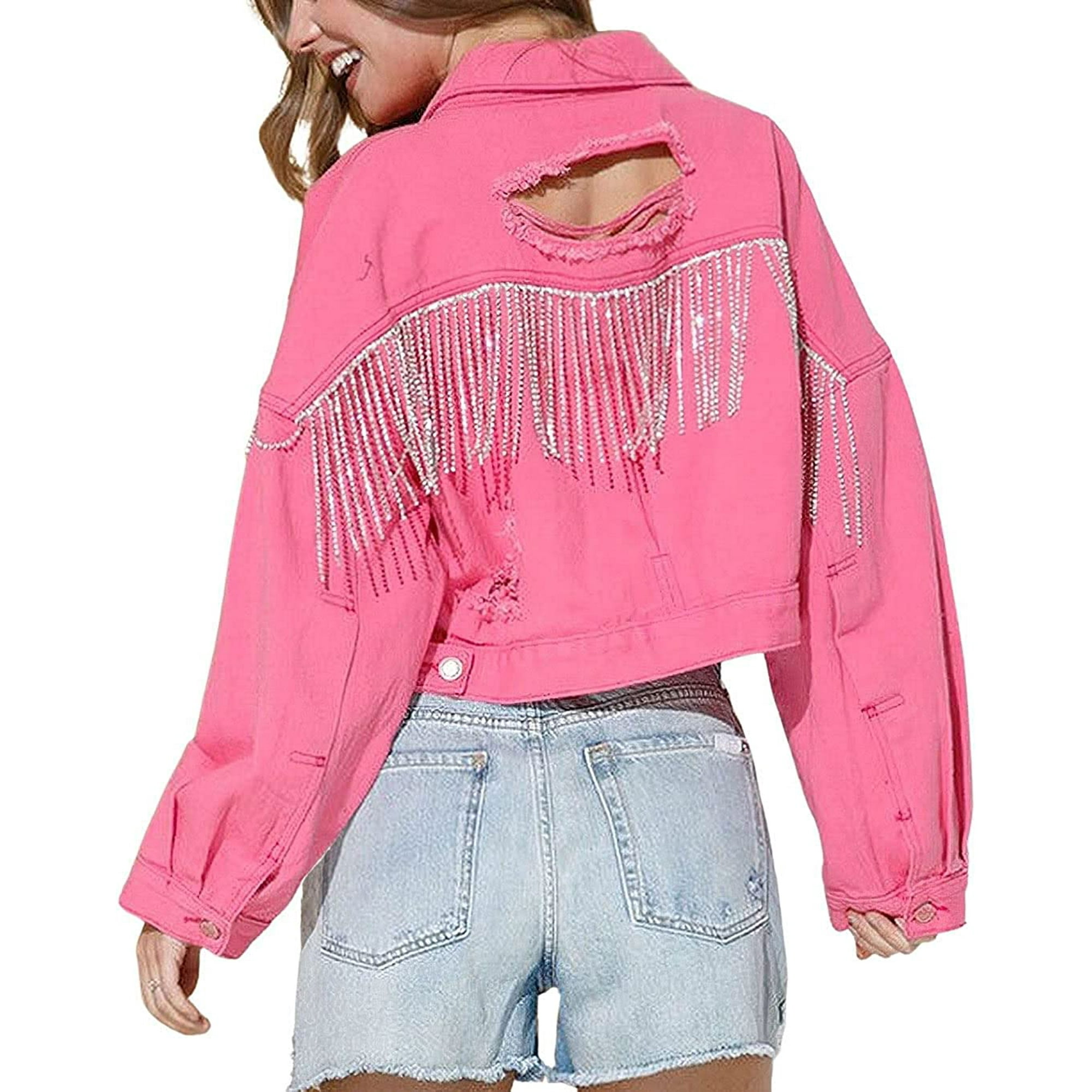 Rhinestone Fringe Denim Jacket in Pink