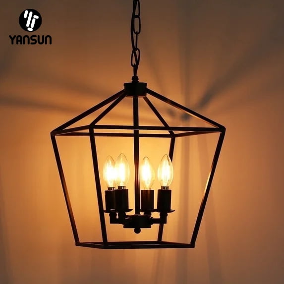 YANSUN 4-Light Chandelier Lamp, 11.8 in Black Geometric Pendant Light, Vintage Lanterns for lighting Farmhouse Style Hanging Lamp for Kitchen Island, Dining Room, Hallway, Foyer