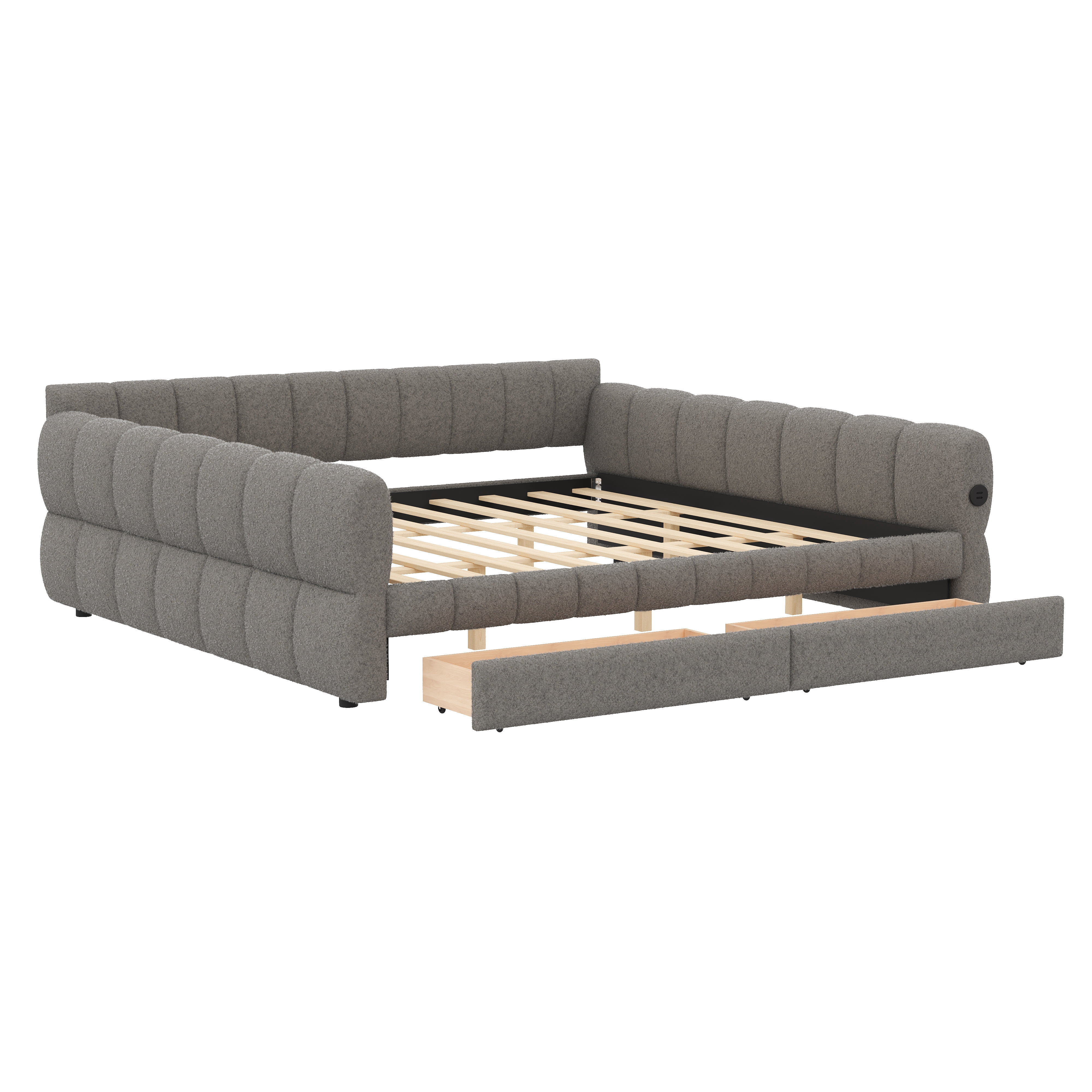 Euroco Upholstered King Size Platform Bed with Drawers and USB Ports, Gray