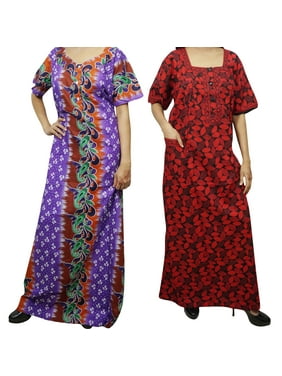 Mogul 2 pc Women's Nightgown Maxi Dress Bohemian Printed Cotton Night Wear Caftan L