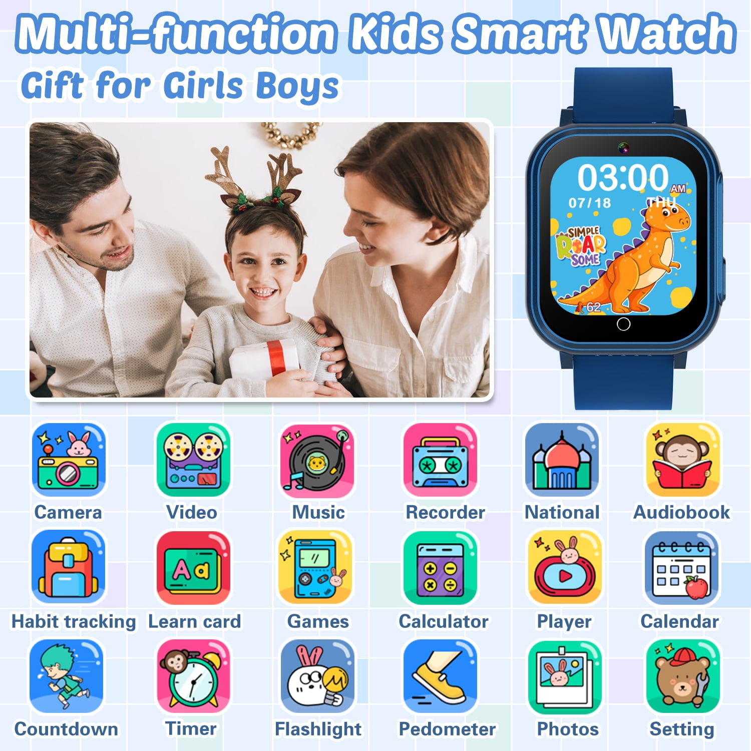Vakzovy Waterproof Smart Watch for Kids Toys，Boys Age 5-12 with 32 Games, Dual Camera, Habit Tracking, Music Player, Video, Alarm Clock, HD Touchscreen Kids Smart Watch Birthday Gift for 3-12 Year Ol
