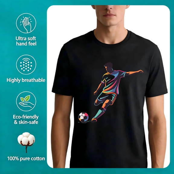 Soccer Match Shooting Football Player T-shirt Men's Graphic Tee 100% Cotton T-Shirt Football Field Football Goal Upgraded Dtg Process Tee
