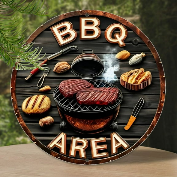 Vintage-Inspired 7.8" Round Aluminum BBQ Area Metal Sign - 1pc Grill-Themed Outdoor Decor with Steak & Tools Imagery - Retro Bar/Cafe/Backyard Patio Accessory