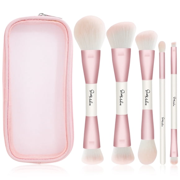 DUAIU Set de 5 Pinceles Doble Cara Profesionales - Brochas para Base, Contorno, Rubor, Iluminador y Corrector - Juego de Brochas Facial y Ojos (Rosa)