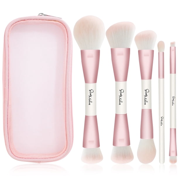 DUAIU Set de 5 Pinceles Doble Cara Profesionales - Brochas para Base, Contorno, Rubor, Iluminador y Corrector - Juego de Brochas Facial y Ojos (Rosa)