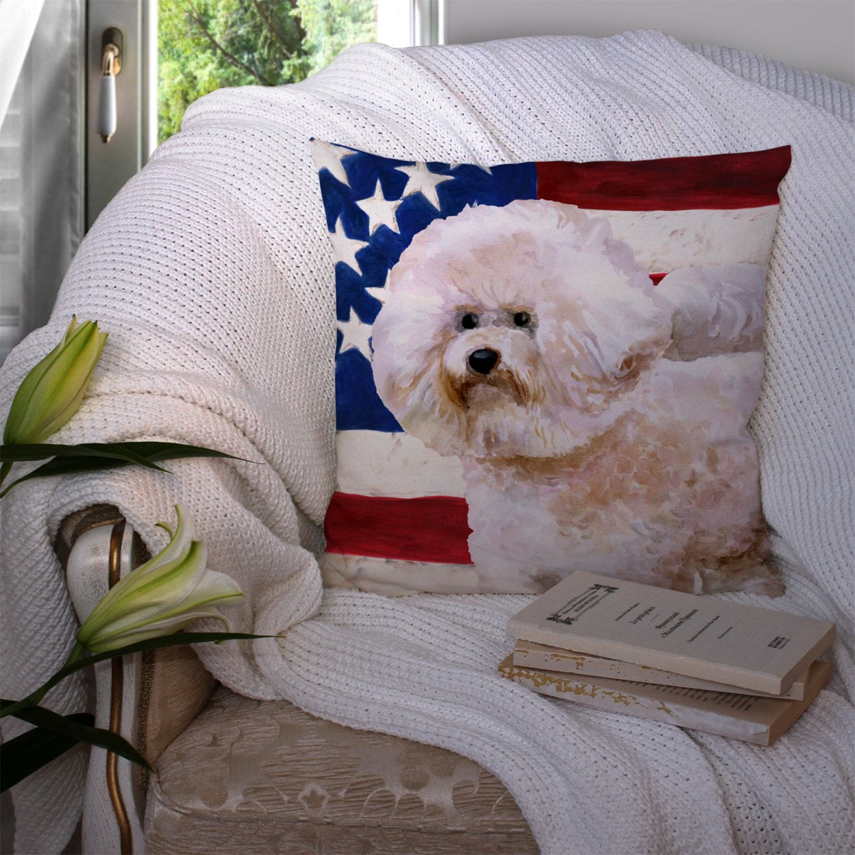 Carolines Treasures BB9705PW1414 Bichon Frise 2 Patriotic Fabric Decorative Pillow 14Hx14W multicolor