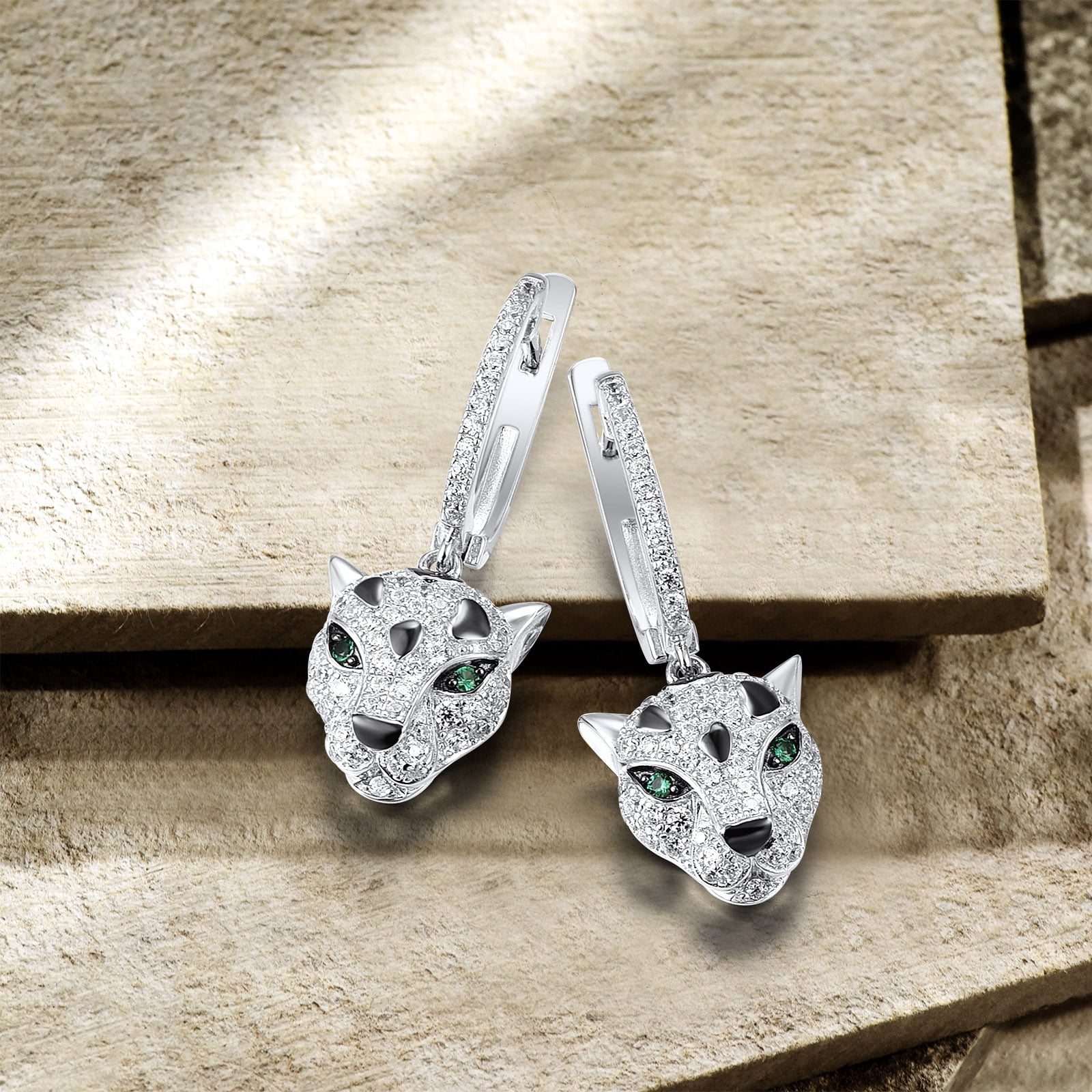 Santuzza 925 Sterling Silver Panther Earrings Green Spinel Cubic Zirconia Leopard Dangle Earrings for Women