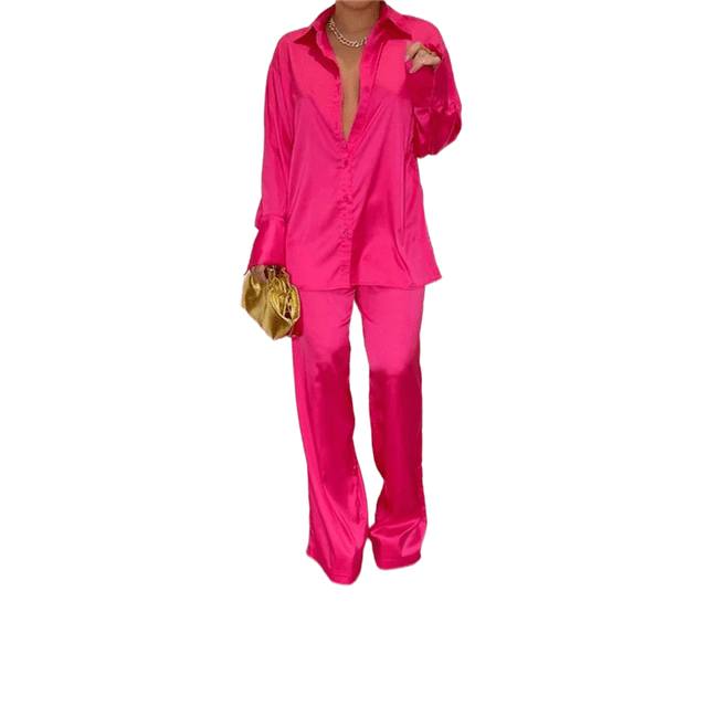 Txlixc Traje de 2 piezas para mujeres, camisa de manga larga con solapa de color sólido + pantalones Txlixc moda