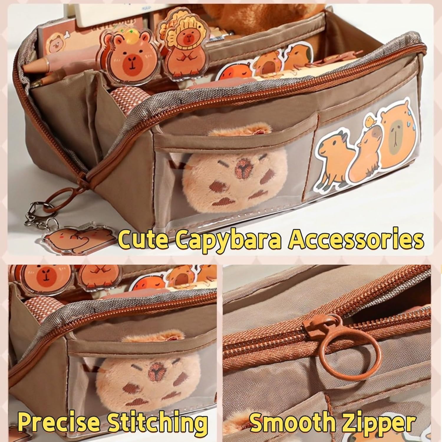 Adorable Capybara Pencil Case with 16PCS Cute Accessories, Kawaii Pen Pouch: Includes Pens, Capybara Plush Brooch, Keychain, Clips, Note, and Stickers