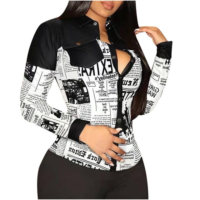 Moda mujer solapa impresión botón frontal cárdigan manga larga camisa Tops abrigo Pompotops qwe20063