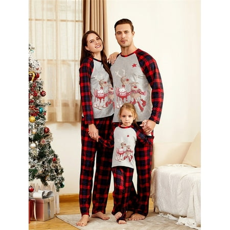 

Thaisu Christmas Family Pajamas Matching Sets Deer Plaid Xmas Soft Outfit Sleepwear