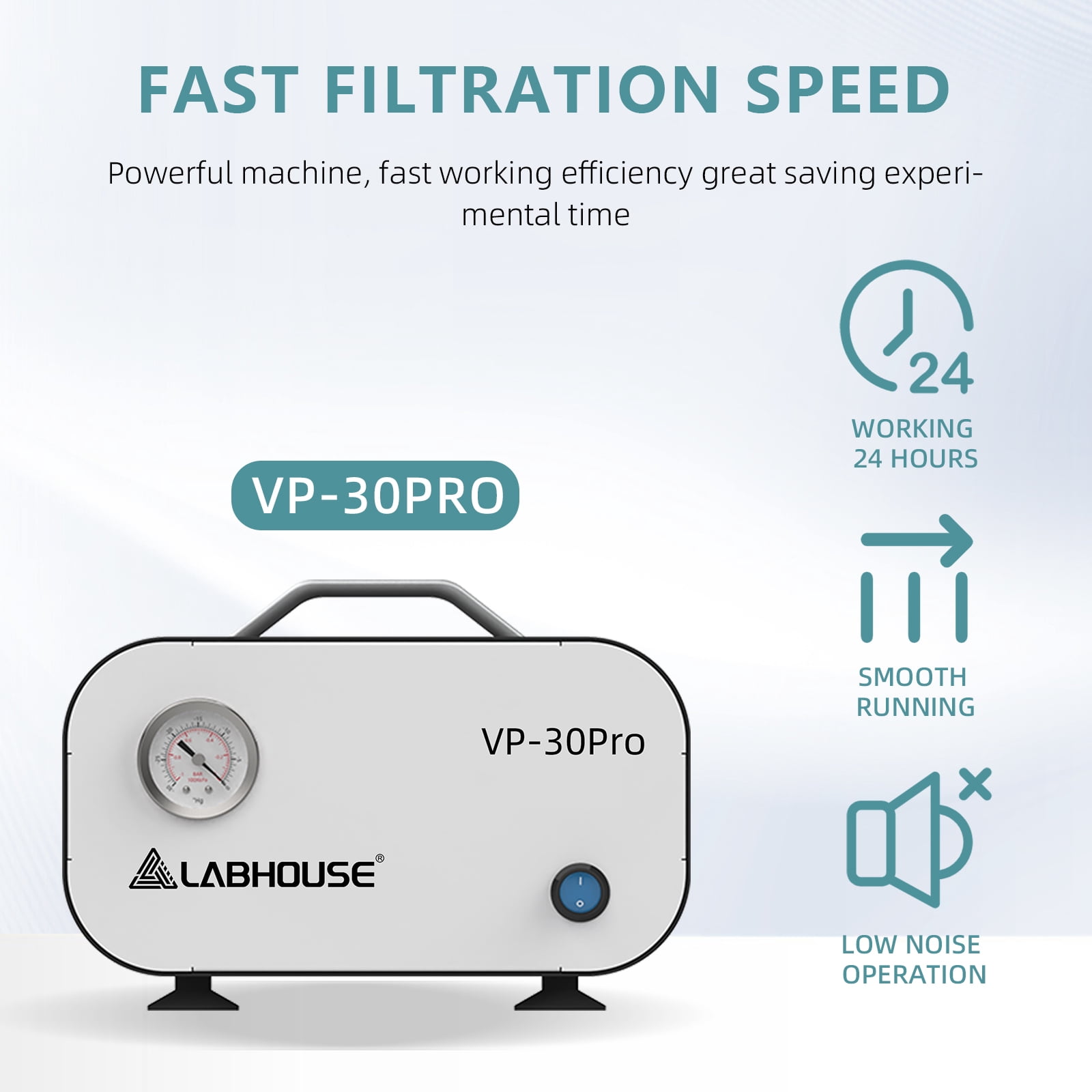 LABHOUSE Lab Vacuum Filtration Pump VP-30PRO, Pressure Adjustable Diaphragm Oil Free Pump 30L/min Positive & Negative Pressure with Rubber Tube for Laboratory