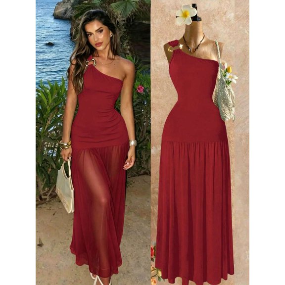 Womens Red One Shoulder Maxi Dress With Metal Buckle Detail And Mesh Hem