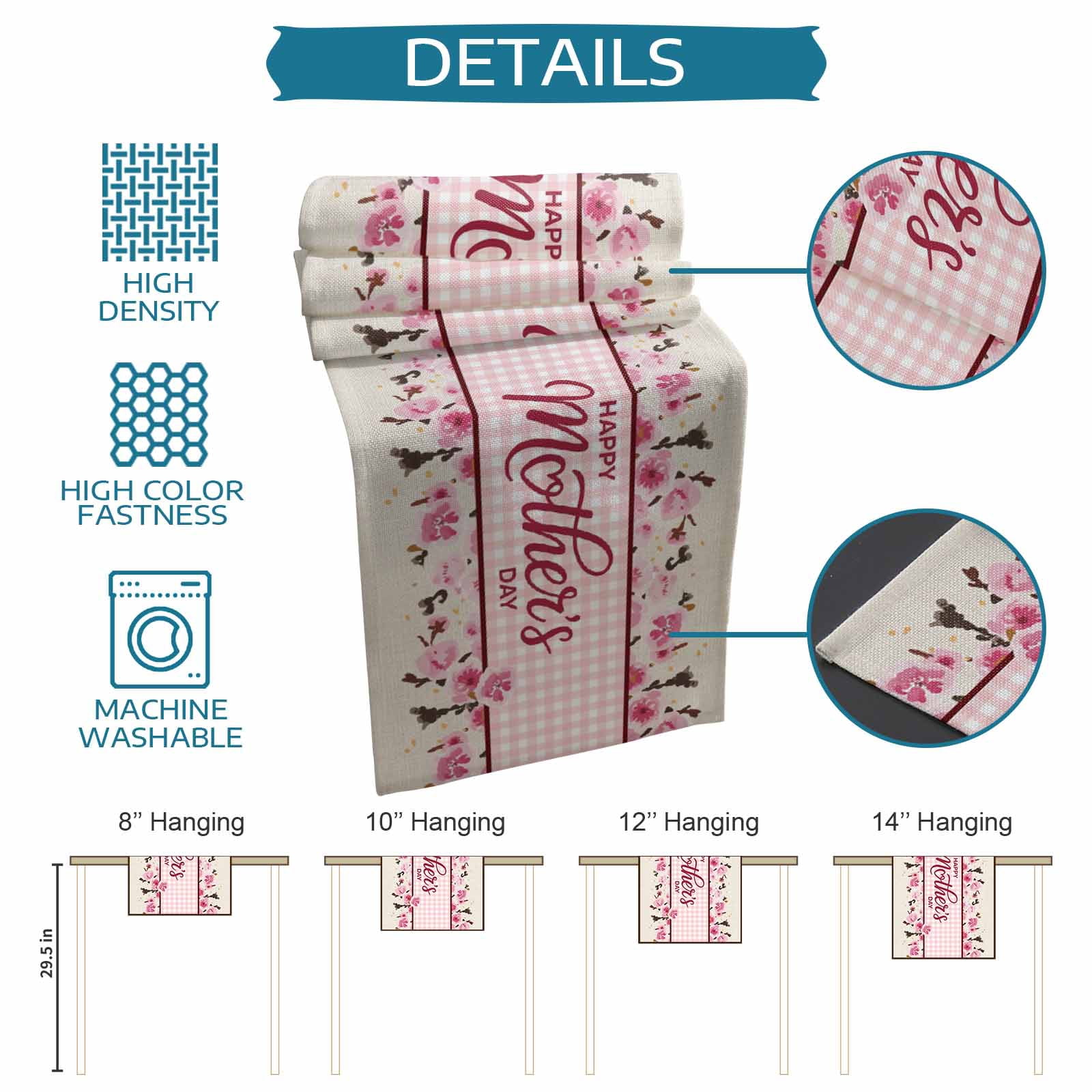 Happy Mother's Day Cotton Linen Table Runner for Dining Kitchen, Pink Floral Buffalo Plaid Burlap Wedding Outdoor Party Tablerunners Decoration, Dresser Scarf Coffee Tablecloth Runners 13x108 Inches