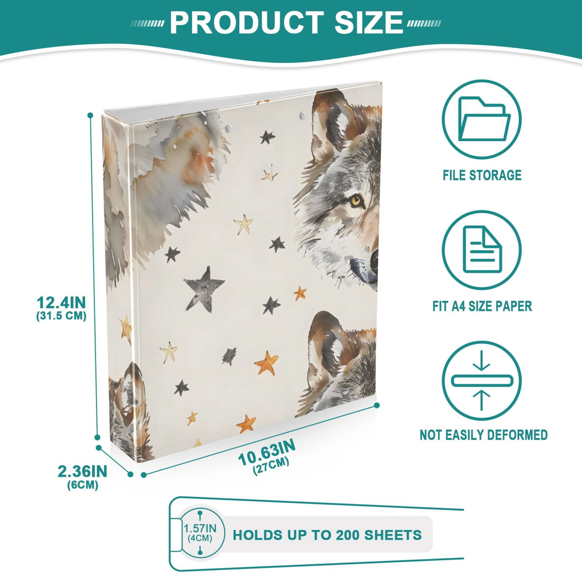 Wolf Face Stars 3 Ring Binders 1.5 inch Hardcover File Folders with Interior Pockets A4 Size Organizer for School Office Hospital
