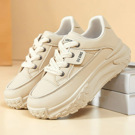 XIMIN Women's Leather Platform Increasing Thick Soled Sneakers Fashion Chunky Lace Up Low Top Sports Trainers Breathable Stylish Running Casual Non-Slip Walking Dad Shoes