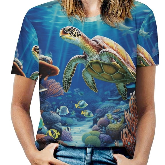 Nautical Green Sea Turtles Women's Short Sleeve T-Shirt Crew Neck Casual Summer Trendy Loose Fit Tops