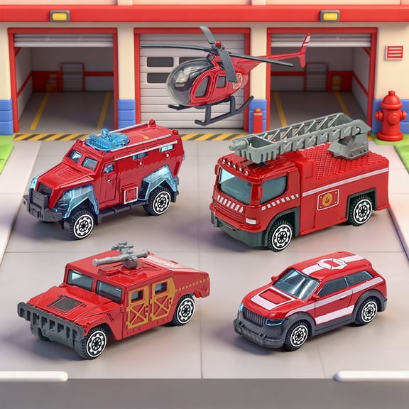 Fire Truck Toy Set, 5 Pack Emergency Rescue Vehicles, Kids Pull Back Fire Engine Ambulance Helicopter Set, Mini Fire Department Play Collection
