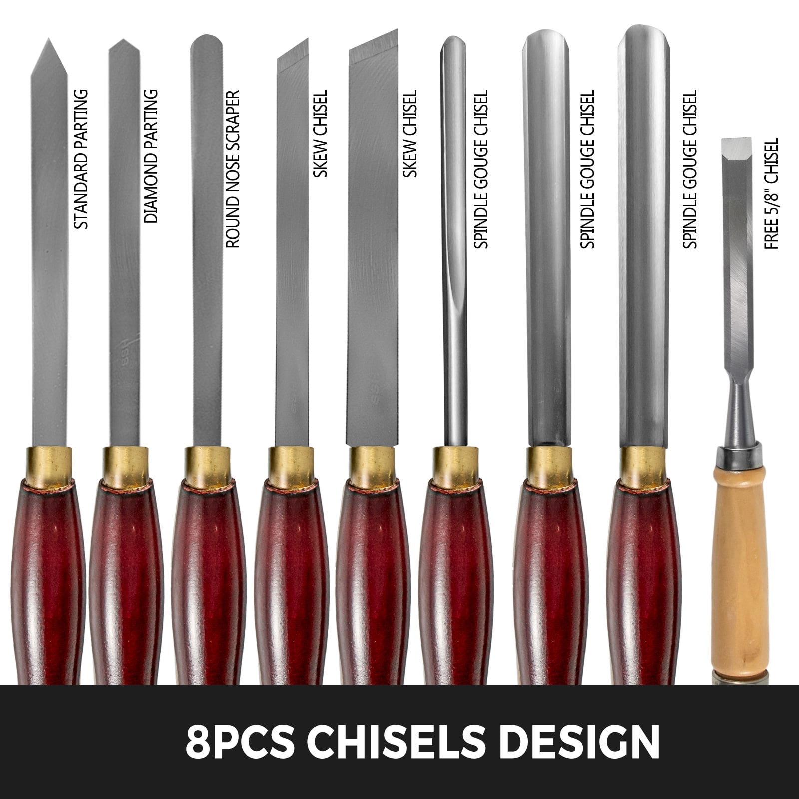 VEVOR 8 PCS Wood Turning Tools HSS Lathe Chisel Set, High-Speed Steel Blades Woodworking Wooden Case for Storage for Wood Carving Root Carving Furniture Carving Lathes Red