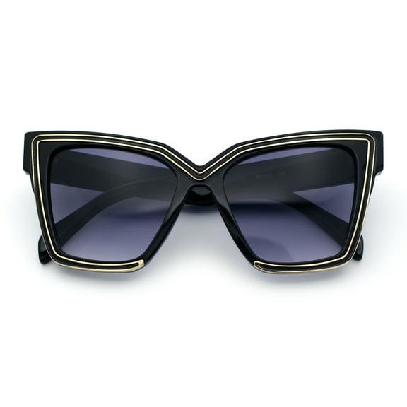 Luxe Oversized Horned Rectangular Cat Eye Glitzy Fashion Sunglasses Black - Smoke