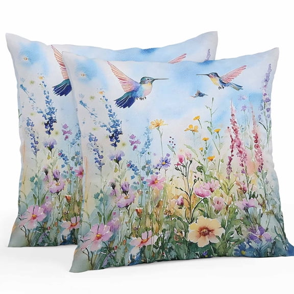 Watercolor Wildflower Outdoor Pillow Covers Pack of 2 Hummingbird Hand-painted Flowers Bird Waterproof Throw Pillow Covers Decorative Cushion Cases for Patio Garden Tent Balcony Couch 20x20 inch