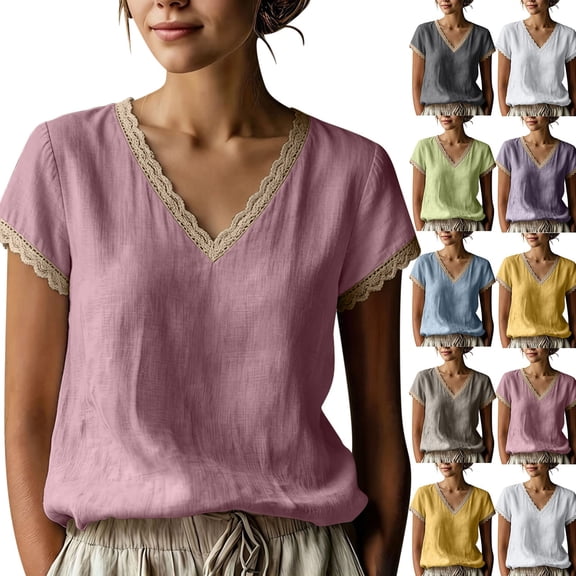 Diufon Cotton Linen Tops for Women Lace Trim V Neck Short Sleeve Shirts Summer Fashion Vacation Boho Blouses