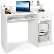 Computer Desk with Hutch & Keyboard Tray, Home Office Workstation with Drawer, Adjustable Shelves, Modern Vanity Table for Bedroom, Wooden Writing Study Laptop PC Desk (White)