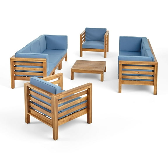 GDF Studio Cascada Outdoor Acacia Wood 8 Seater Sofa and Club Chair Set with Cushion, Teak and Blue