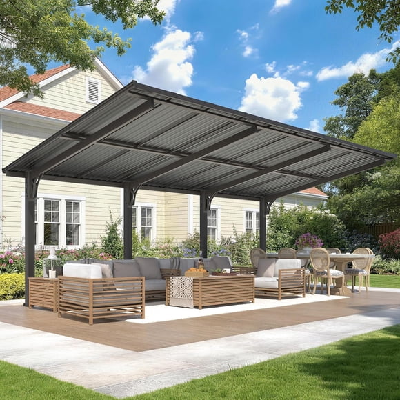 AECOJOY 20'x10' Lean to Hardtop Metal Carport Gazebo, 10x20 Outdoor Freestanding Pergola Gazebo on Clearance for Patio, Large Pergolas and Gazebos with Heavy Duty Steel Roof Awnings for Decks