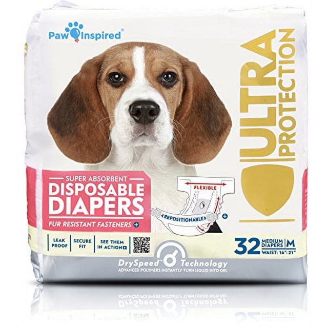 Paw Inspired Disposable Dog Diapers Female| Diapers for Dogs in Heat Period, Senior, Excitable Urination, or Incontinence (Medium, 32 Count)