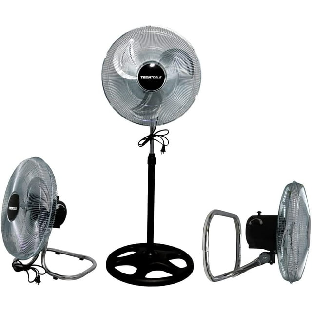 tech tools, ventilador de aire de 16" (3 posiciones, 1 ventilador) de 3 velocidades, rotación de 90 grados Ventilador circular negro de 16" con rejilla metálica y aspas plásticas, vista frontal con base redonda y tubo ajustable; mostrado en montaje de pie y dos posiciones de apoyo lateral, cable y enchufe visibles sobre fondo blanco; 2060 CFM, 127V 60Hz. También es adecuado para renovar rápidamente el aire en talleres pequeños.