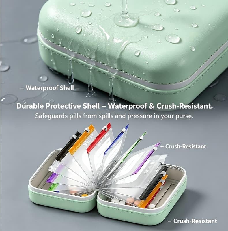 A8 Waterproof Travel Pill Organizer Set with 14 Color-Coded Medicine Pouches, Weekly Crush-Resistant Case for Vitamins and Supplements