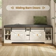 thumbnail image 2 of 60" Farmhouse Shoe Bench with Cushion, Entryway Storage Bench with 2 Sliding Barn Doors, 2 Drawer for Hallway, Living Room, White, 2 of 8
