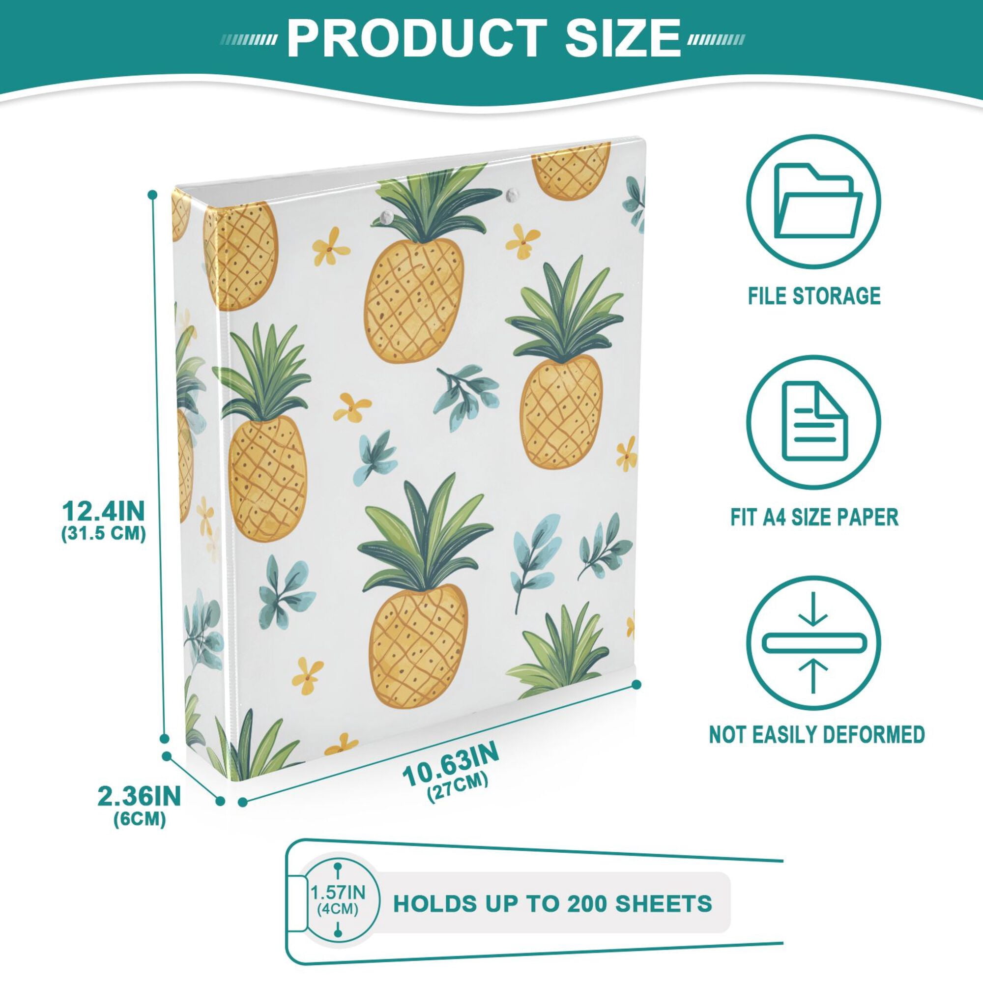 FORMRS 3 Ring Binder 1.5 inch with Pockets Set of 2 Clip Board 200 Sheets Capacity, Pineapple