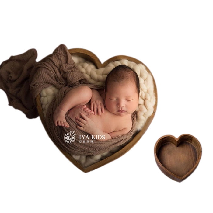 Newborn Props Photography Heart-Shaped Wooden Bowl Baby Photo Small Wooden Bed Posing Baby Photography Props Baby Boy Girl Picture Photo Shoot Studio Posing Love-Heart Wood Color, onesize 