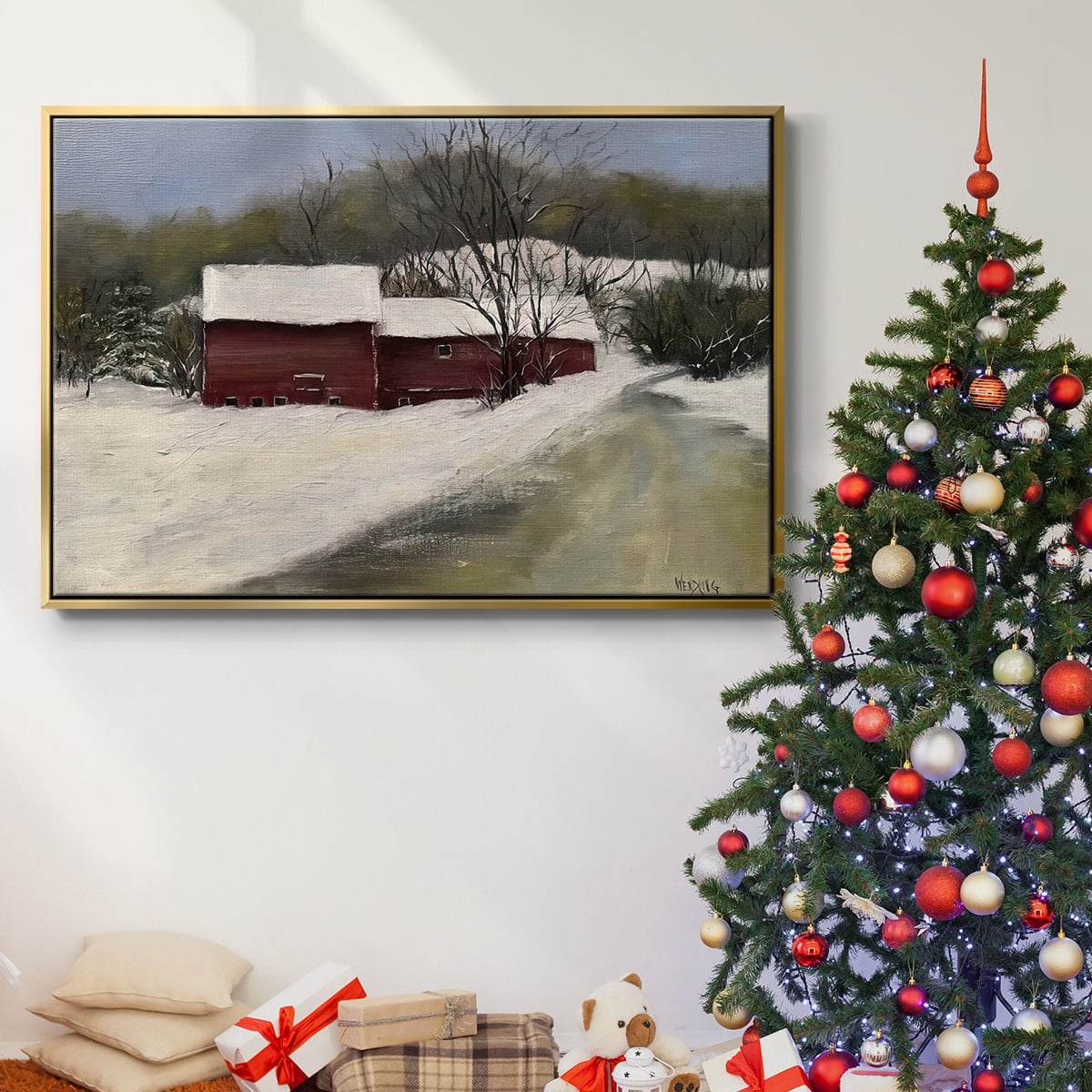 Winter Homestead II - Framed Gallery Wrapped Holiday Canvas - 17 x 25 - Gold Frame