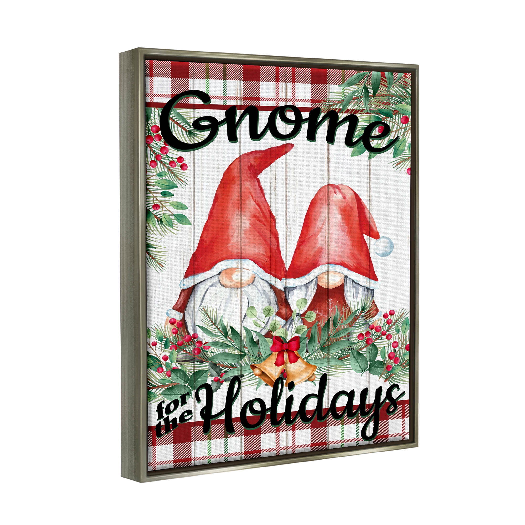 Stupell Industries Gnome For The Holidays Plaid Graphic Art Luster Gray Floating Framed Canvas Print Wall Art, Design by Kim Allen
