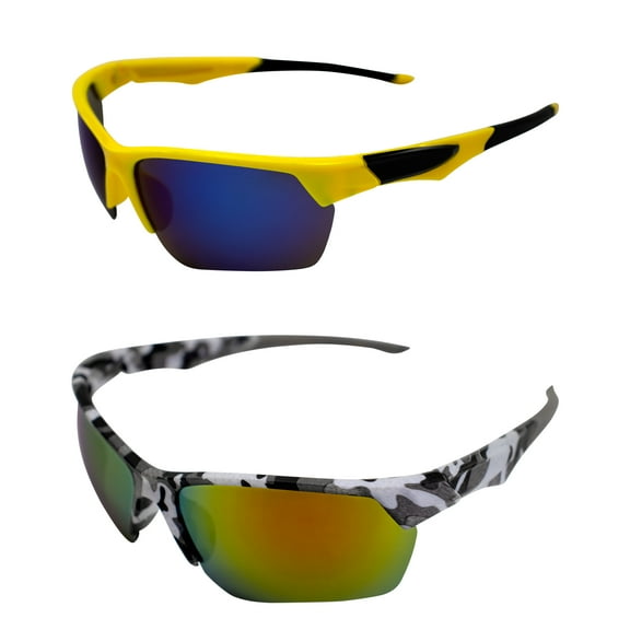 AlterImage Orion Wraparound Sports Retro Sunglasses for Men or Women 2 Pair Yellow & Camo Semi-Rimless Frames w/ Coinjected Rubber Tips & G-Tech Blue/Red Lenses