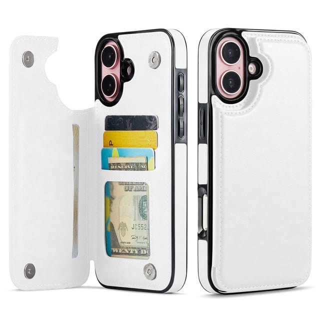 Funda tipo cartera Wefor para iPhone 16 Plus, cuero PU blanco