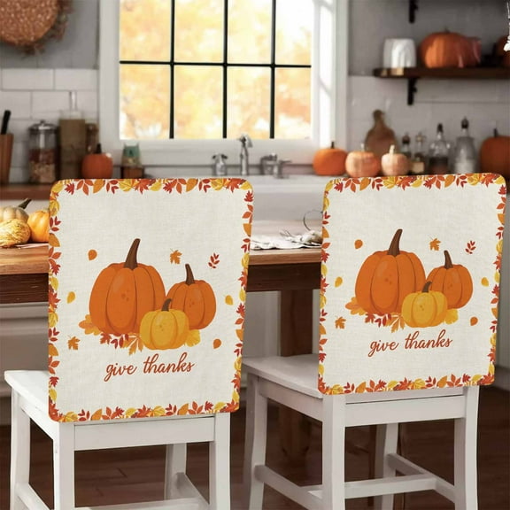 Give Thanks Chair Covers Set of 8 Orange Pumpkins Fall Thanksgiving Leaves Linen Chair Back Covers Stretch Removable Washable Slipcovers Protector for Dining Room Kitchen Party Decor