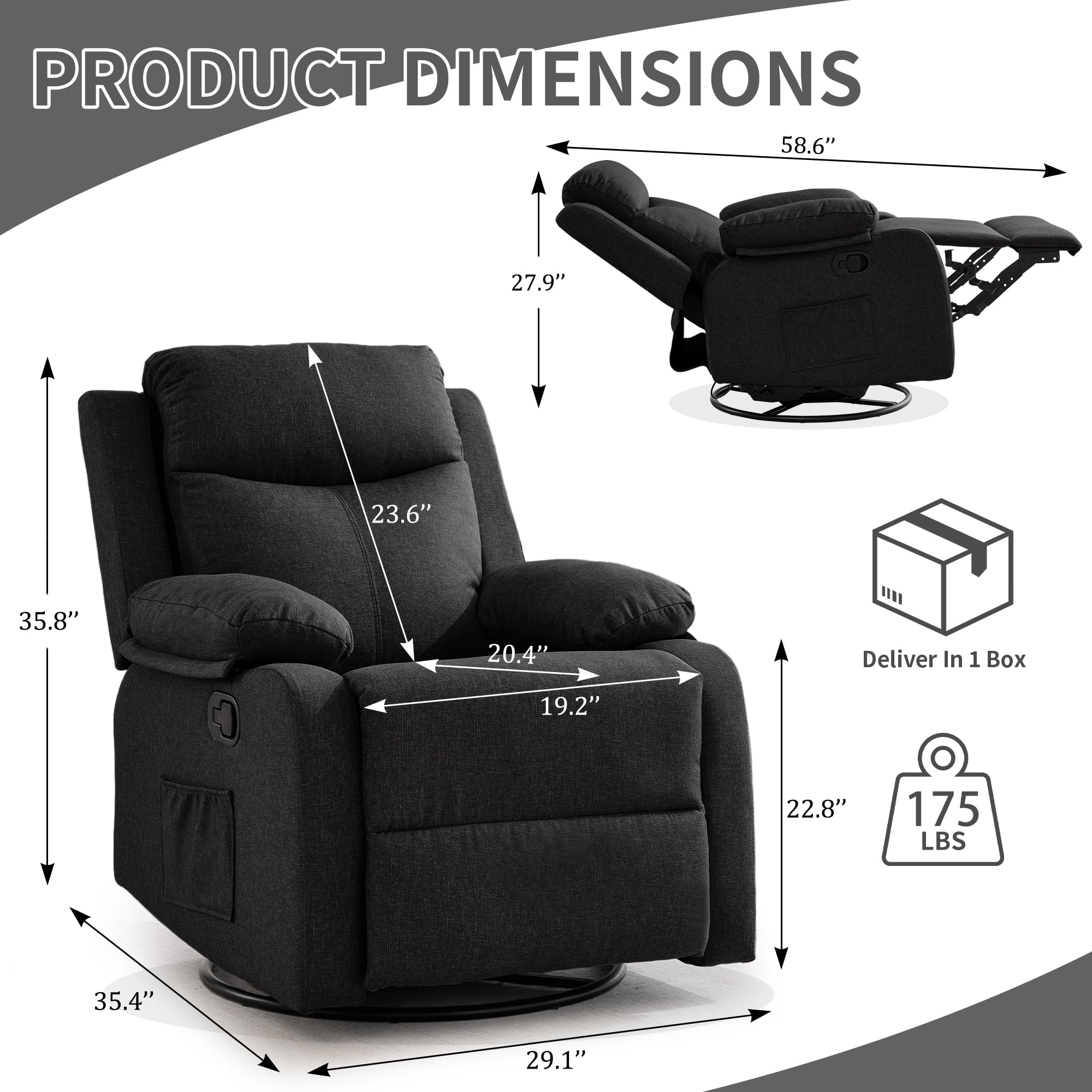GEEYOO Manual Swivel Rocker Recliner Chair with Side Pockets,Small Recliner Chair for Small Spaces,Upholstered Linen Fabric Glider Nursery Chair for Living Room,Black