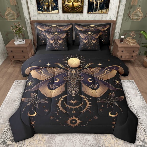 Feelyou Hippie Magic Moth Bedding Comforter Set 7pcs, Rustic Mystic Moon Sun Queen Bedding Sets, Teens Adult Men Women Reversible Queen Sheet Sets, Lightweight Room Decor