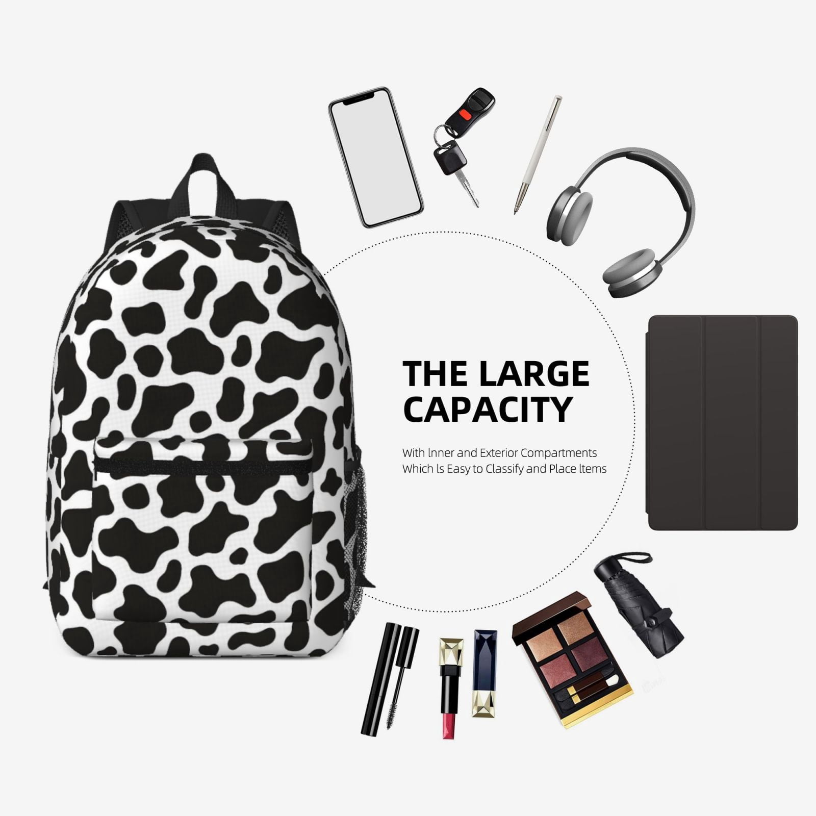 17in Backpack With Pocket Adjustable Shoulder Strap Large Capacity Zipper Opening And Closing Double Pull Head Zipper For Work Travel Sports Black White Cow Print