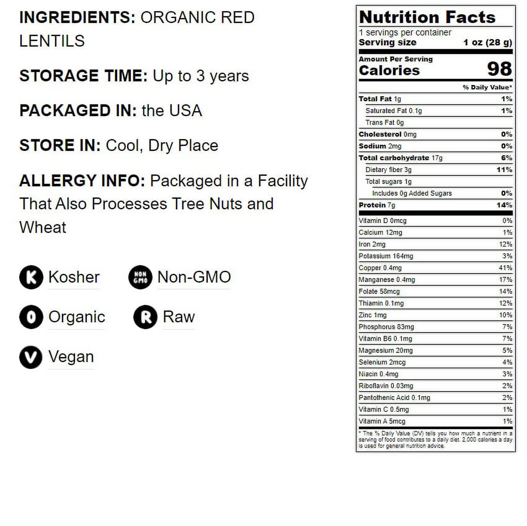 Organic Red Split Lentils, 0.5 Pounds - Non-GMO, Kosher, Raw, Vegan - by Food to Live