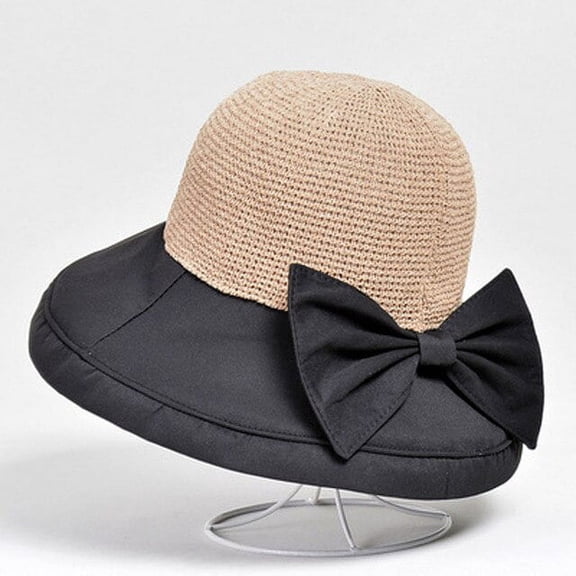 CoCopeaunt Summer Hollowed-Out Straw Fishermans Hat Womans Bowknot Stitching Breathable Dome Ladys Outdoor Straw Hat