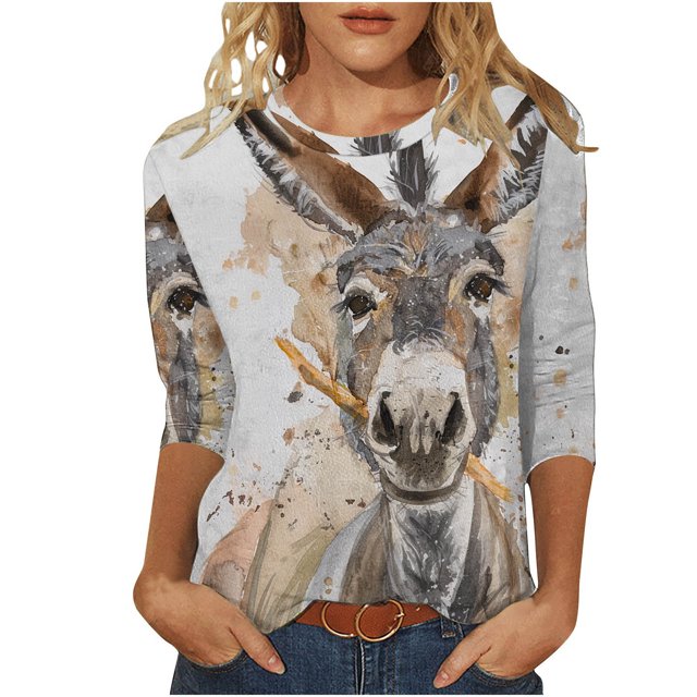 Blouses pour Femmes Mode, Mode T-Shirt Décontracté Imprimé Col Rond Manches 3/4 Blouse