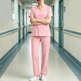 thumbnail image 5 of mihongmao Scrubs for Women Fit 4-Way Stretch Nursing Outfit Loose Pants Pocket Caregiver Short Sleeve V-Neck Blouses Nursing Uniform Set Pink L, 5 of 5