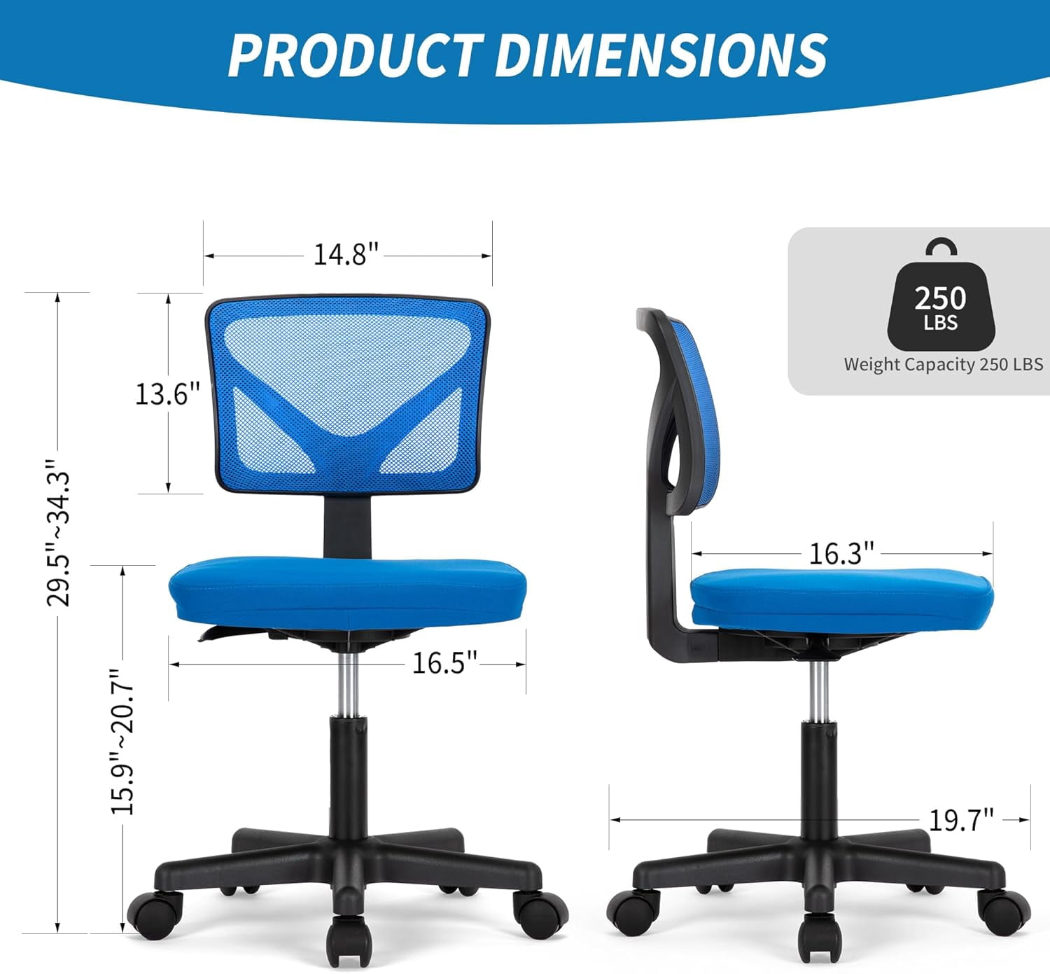 QUIOCOZY Armless Small Home Office Desk Chair, Ergonomic Low Back Computer Chair, Adjustable Rolling Swivel Task Chair with Lumbar Support for Small Space